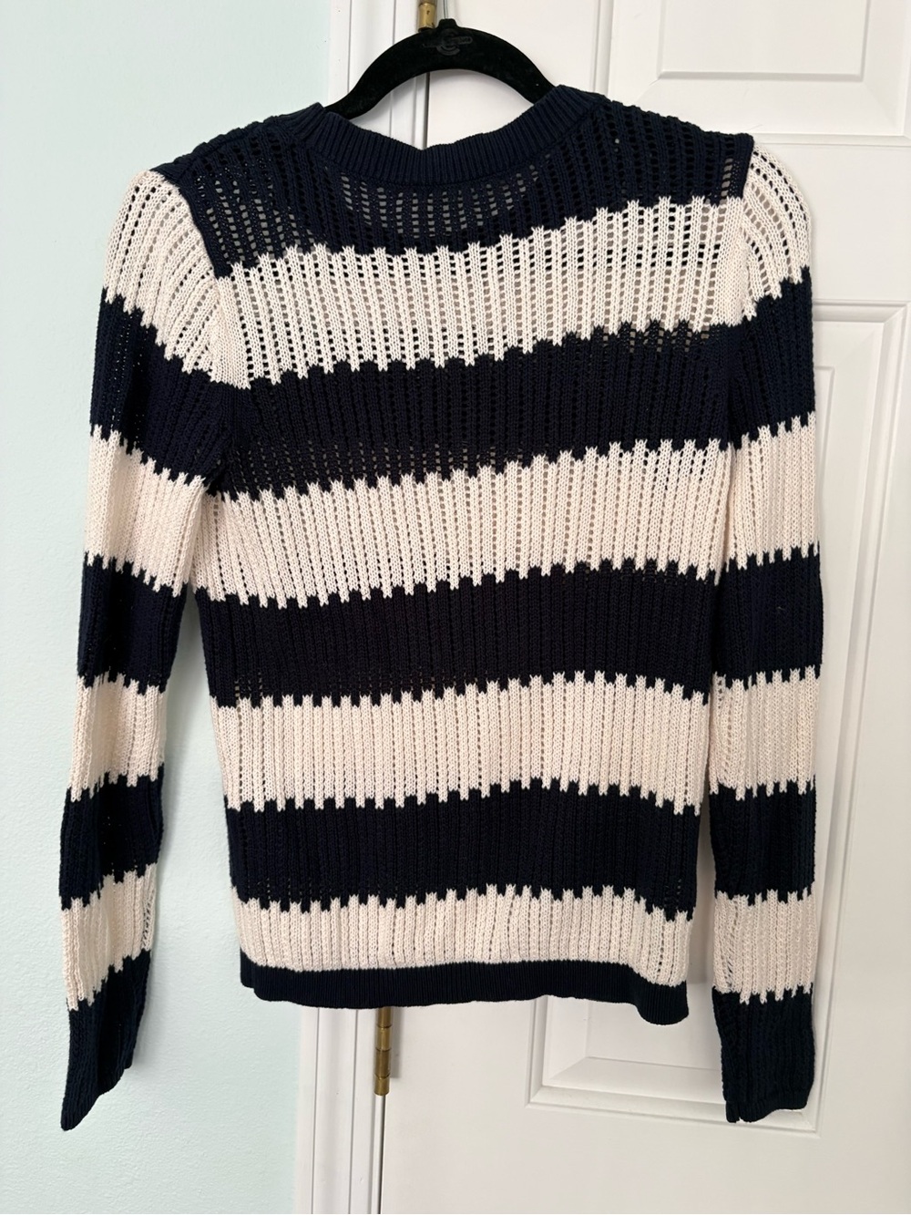 LOFT Navy and Cream Striped Open-Knit Crew Sweater